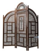 SYRIAN EASTERN MASHRABIYA CARVED OAK & HARDWOOD THREE FOLD DOMED WORK SCREEN
