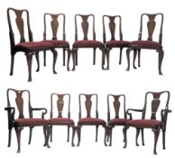 SET OF TEN QUEEN ANNE REVIVAL MAHOGANY DINING CHAIRS WITH CARVERS