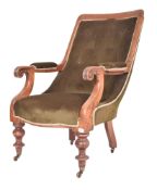 19TH CENTURY GREEN UPHOLSTERED & WALNUT BUTTON BACK ARMCHAIR