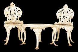 MATCHED SET OF EARLY HEAVY CAST IRON GARDEN PAIR OF CHAIRS & TABLE