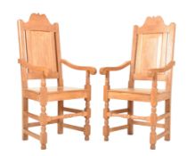 PAIR OF COTSWOLD SCHOOL OAK WOOD THRONE CHAIRS