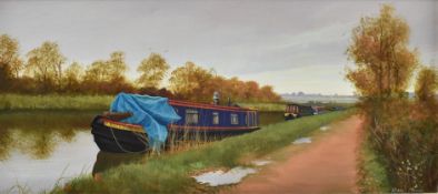 MARY SHAW (B. 1955) - OIL ON BOARD CANAL BOAT PAINTING