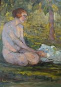 POST-IMPRESSIONIST OIL ON CANVAS NUDE PAINTING OF BATHER