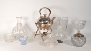 EARLY 20TH CENTURY SILVER PLATED SPIRIT KETTLE AND CRYSTAL CUT GLASS