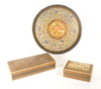 TWO 20TH CENTURY PERSIAN KHATAM LIDDED BOXES WITH KASHMIR TRAY