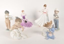 SIX 20TH CENTURY LLADRO DOULTON AND COALPORT PORCELAIN FIGURES