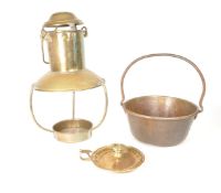 20TH CENTURY BRASS JAM PAN, CHAMBER CANDLESTICK AND NAUTICAL LAMP