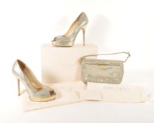 JIMMY CHOO - EVELYN 85 CHAMPAGNE GLITTER HIGH HEEL SHOES AND BAG