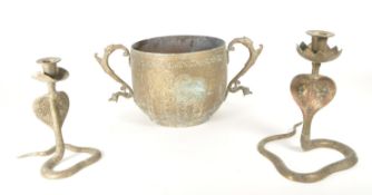 20TH CENTURY BRASS INDIAN PLANTER AND BRASS CANDLESTICK HOLDERS