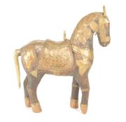 EARLY 20TH CENTURY INDIAN WOODEN BRASS AND COPPER HORSE FIGURE