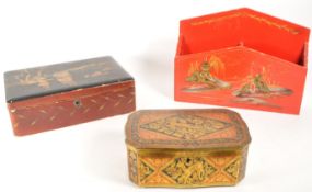 THREE 20TH CENTURY JAPANESE LIDDED BOXES AND LETTER ORGANISER