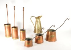20TH CENTURY COPPER CIDER AND MEASURING LADLES WITH BRASS JUG
