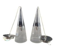 PAIR OF ITALIAN IDEAL LUX MID CENTURY CHROME & GLASS CONICAL CEILING PENDANT LIGHTS