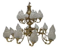 LARGE 20TH CENTURY GILT METAL & FLAME GLASS SHADES TWIN SIX-ARM CHANDELIER