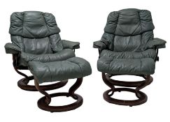 STRESSLESS - PAIR OF GREEN LEATHER BENTWOOD ARMCHAIRS & STOOLS