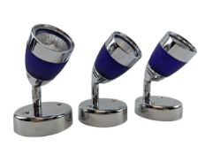 THREE VINTAGE 20TH CENTURY BLUE FROSTED GLASS & CHROME SPOT LIGHTS