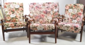MID CENTURY TEAK LIVING ROOM SUITE INC SOFA & THREE CHAIRS