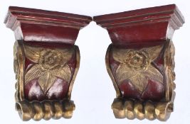 PAIR OF GILTWOOD AND RED LACQUERED WALL CORBELS