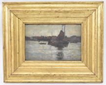 ROBERT HOPE (1869-1936) - BOATS BY HARBOUR - OIL ON BOARD