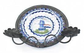 LATE 18TH CENTURY DUTCH DELFT MARITIME PLATE DATED 1782 IN COPPER MOUNT