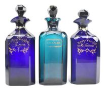 THREE VICTORIAN 19THC ENTURY BRISTOL BLUE & GREEN GLASS DECANTERS