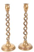 19TH CENTURY ARTS & CRAFTS BRASS BARELY TWIST CANDLESTICKS