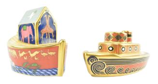 ROYAL CROWN DERBY - NOAH'S ARK & TUGBOAT - TWO PORCELAIN PAPERWEIGHTS / DECORATIVE FIGURINES