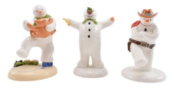 THREE COALPORT SNOWMAN HAND-PAINTED PORCELAIN FIGURES