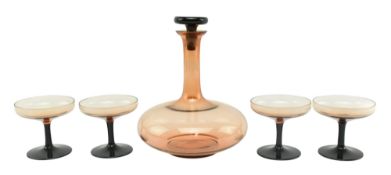 VINTAGE PINK AMBER GLASS DECANTER & FOUR SNIFTER SET