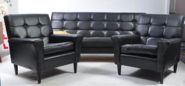 MID CENTURY CIRCA 1970S BLACK LEATHERETTE SOFA W/ PAIR OF ARMCHAIRS