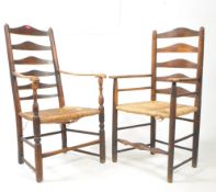 TWO EARLY 20TH CENTURY ARTS AND CRAFTS OAK LADDER BACK CHAIRS