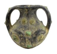 HAN DYNASTY TWIN HANDLED BLACK POTTERY WITH METAL STUDS 汉代 黑陶嵌铜泡钉双耳壶