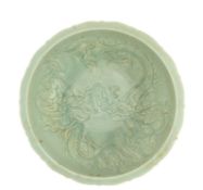 LARGE CHINESE CERAMIC BOWL CARVED WITH DRAGON 仿汝窑龙纹大盆