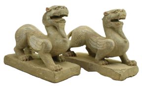 LARGE PAIR OF GREY STONE FIGURES OF PIXIU 彩绘青石貔貅一对