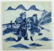 QING DYNASTY BLUE AND WHITE FIGURINE TILE 清 青花人物瓷片