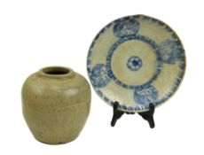 MING BLUE AND WHITE CHARGER & A GINGER JAR 明 青花盘和青花罐