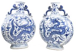 PAIR LARGE YUAN STYLE BLUE AND WHITE TWIN HANDLED VASE 青花双耳抱月瓶