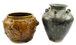 TWO QING DYNASTY EARTHENWARE JARS /VASES 清 绿釉黄釉罐一组