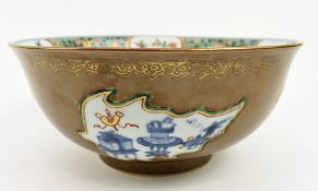 QING CAFÉ-AU-LAIT GROUND FAMILLE-VERTE 'LOTUS POND' BOWL 紫金釉內五彩莲塘图大盌