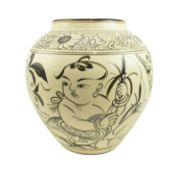 LARGE CIZHOU-TYPE POTTERY VASE 磁州窯 戏婴紋大罐