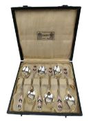 CASED GEORGE V HALLMARKED & ENAMELLED COFFEE TEA SPOON SET