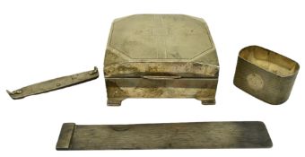 FOUR HALLMARKED SILVER PIECES INCL CIGARETTE BOX, BOOKMARK & OTHERS