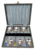 CASED 20TH CENTURY HALLMARKED SILVER & ENAMELED COFFEE SPOON SET