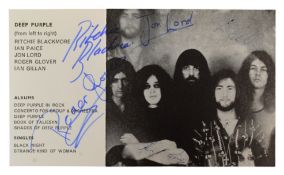 DEEP PURPLE (BAND) - VINTAGE 1970S AUTOGRAPHED PROMO CARD