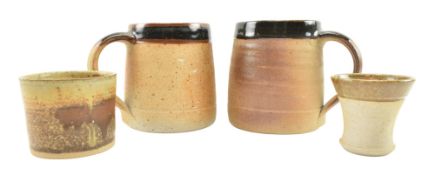 MUCHELNEY POTTERY - TWO STUDIO POTTERY STONEWARE TANKARDS & TWO TRINKET DISHES