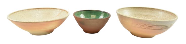 TWO STONEWARE STUDIO POTTERY BOWLS & ANOTHER BY PHILIP AND FRANNIE LEACH