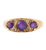 1970S HALLMARKED 18CT GOLD AMETHYST & DIAMOND BOAT RING