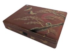 S. SAINSBURY - 20TH CENTURY HAND PAINTED MAROON LACQUERED BOX