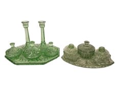 COLLECTION OF 1920S ART DECO GREEN CUT GLASS DRESSING TABLE SETS