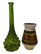 20TH CENTURY WEST GERMAN CERAMIC VASE WITH AN ITALIAN EMPOLI STYLE GLASS GENIE BOTTLE